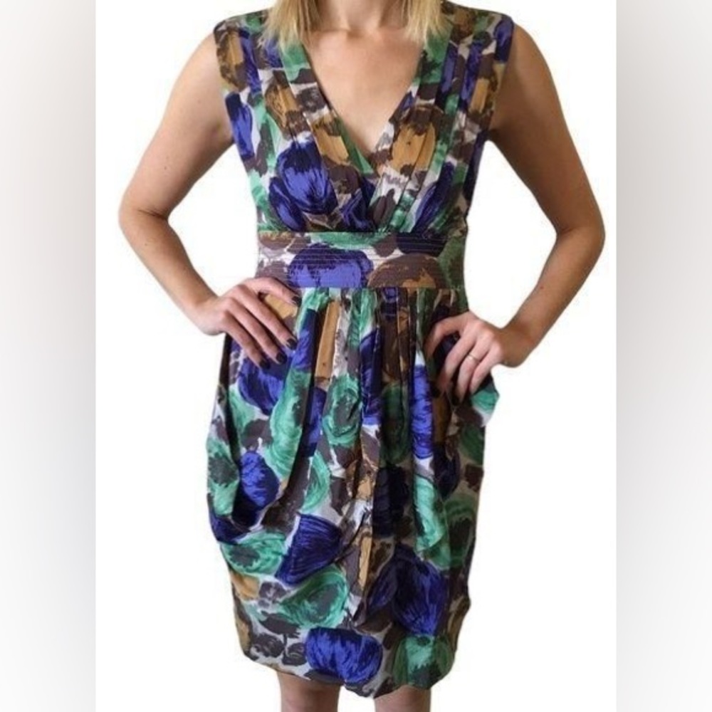 NWOT 100%Silk BCBG MAX AZRIA Blue/Green/Gold floral faux wrap dress